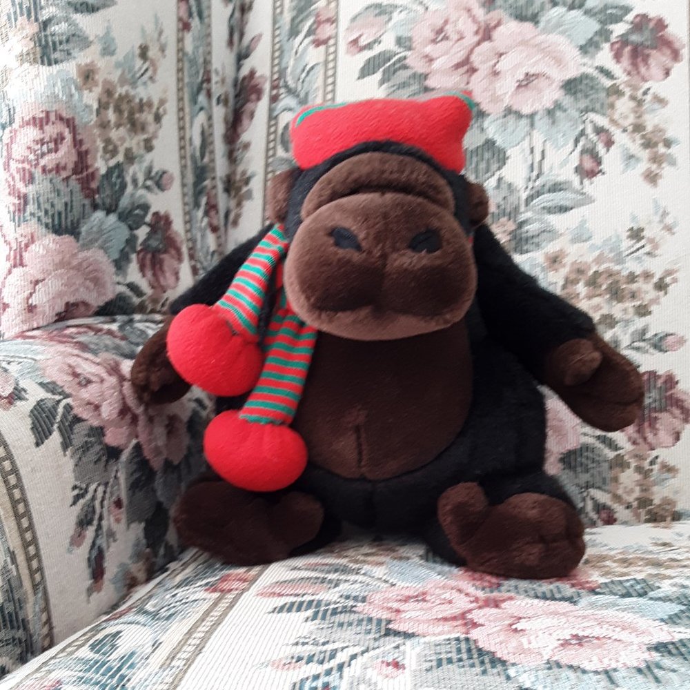 Black & Brown Stuffed Gorilla w/Green & Red Winter Hat & Scarf
